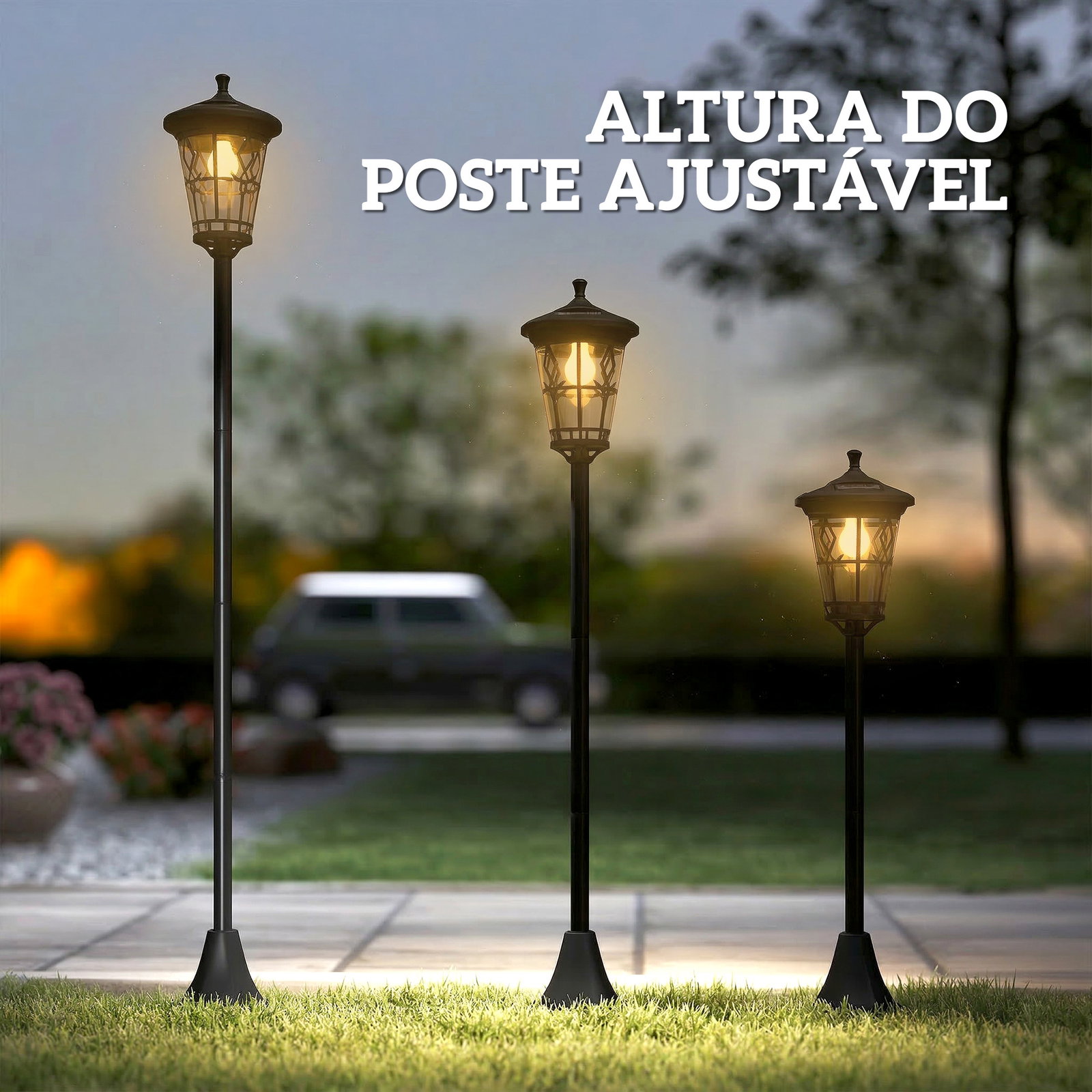 Conjunto de 2 candeeiros solares de jardim com altura ajustável, 2 modos de brilho e IP44 impermeável para terraço e pátio, preto
