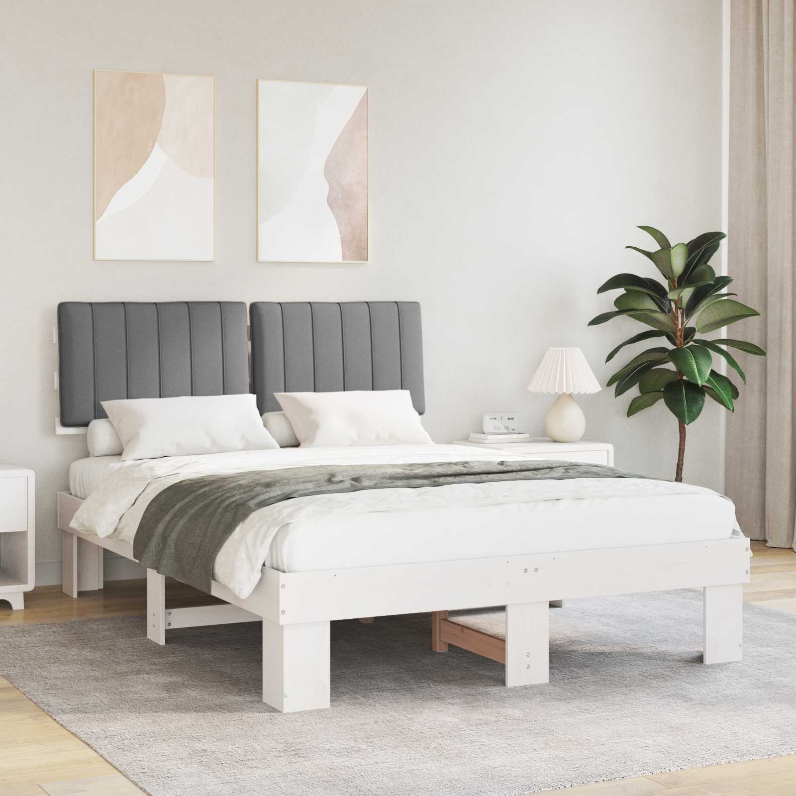 Estrutura de cama com cabeceira estofada cinzento-claro