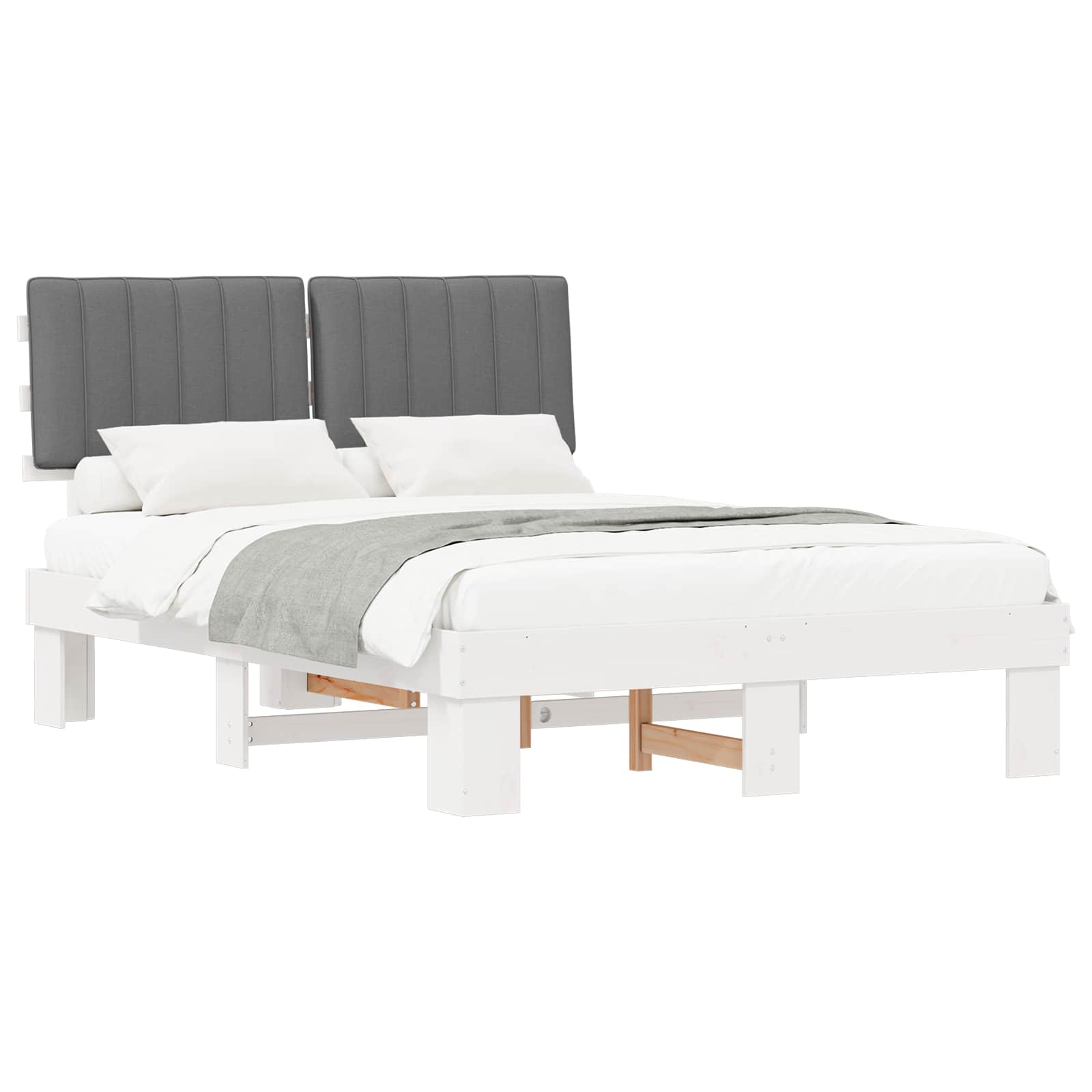 Estrutura de cama com cabeceira estofada cinzento-claro