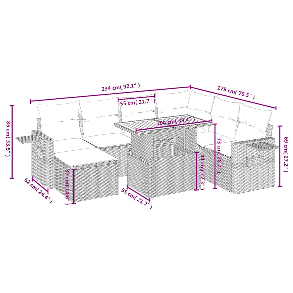8 Pcs conjunto sofás de jardim com almofadões vime PE preto