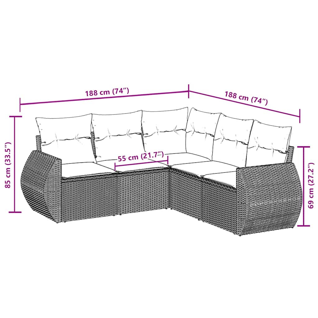 5 Pcs conjunto sofás de jardim com almofadões vime PE preto