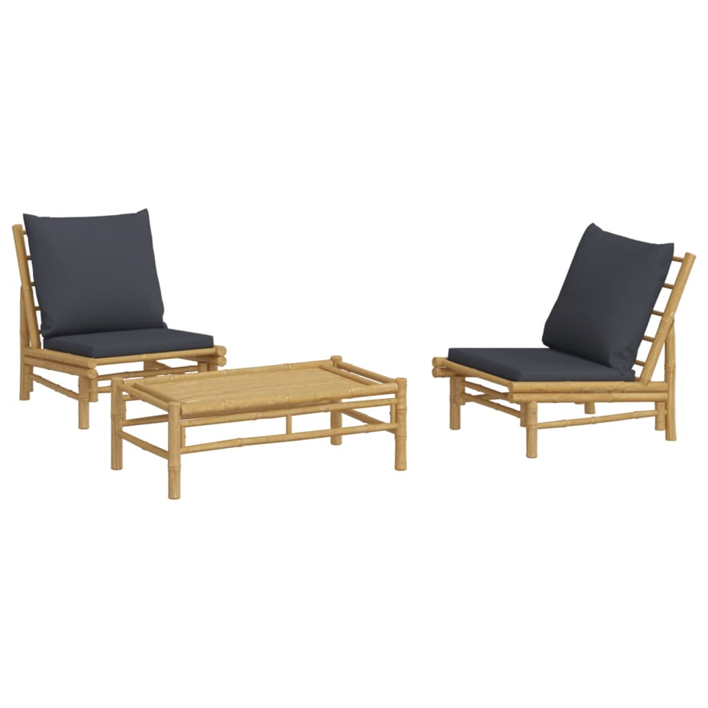 3Pcs conj. lounge de jardim bambu c/ almofadões cinzento-escuro