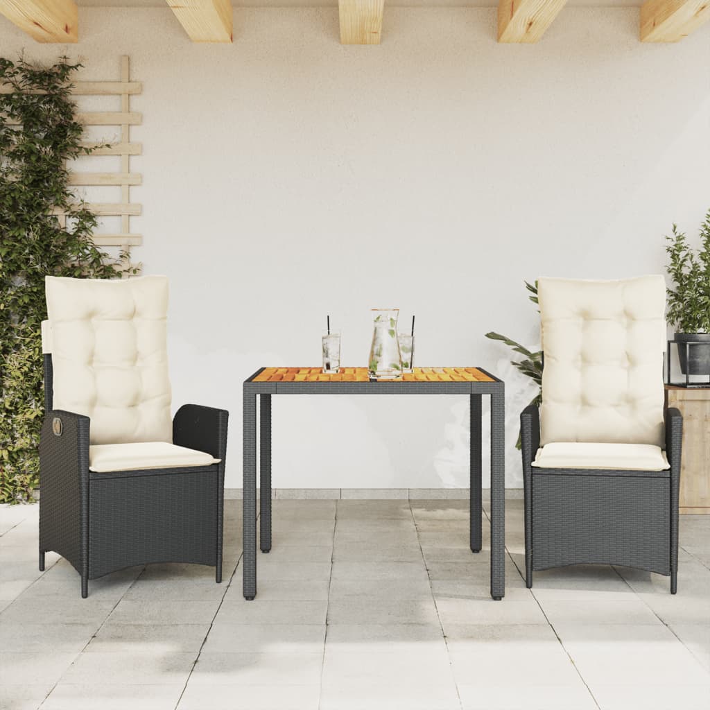 3 Pcs conjunto de jantar p/ jardim c/ almofadões vime PE preto