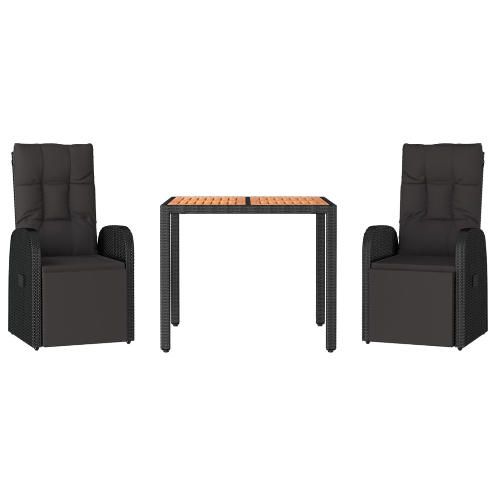 3 Pcs conjunto de jantar p/ jardim vime PE/acácia maciça preto