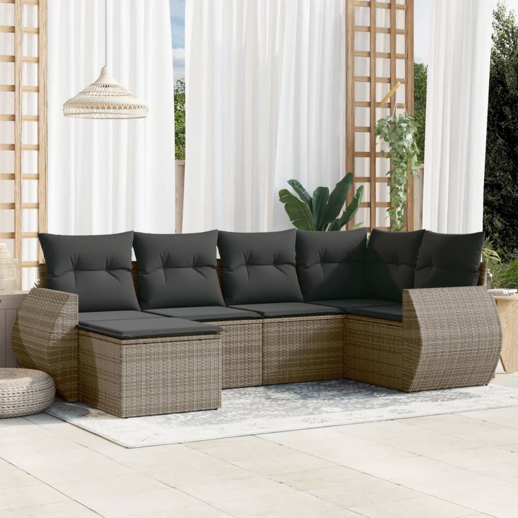 6 Pcs conjunto sofás de jardim com almofadões vime cinzento