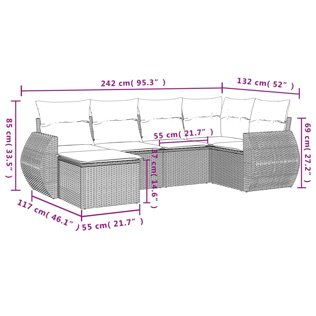 6 Pcs conjunto sofás de jardim com almofadões vime cinzento