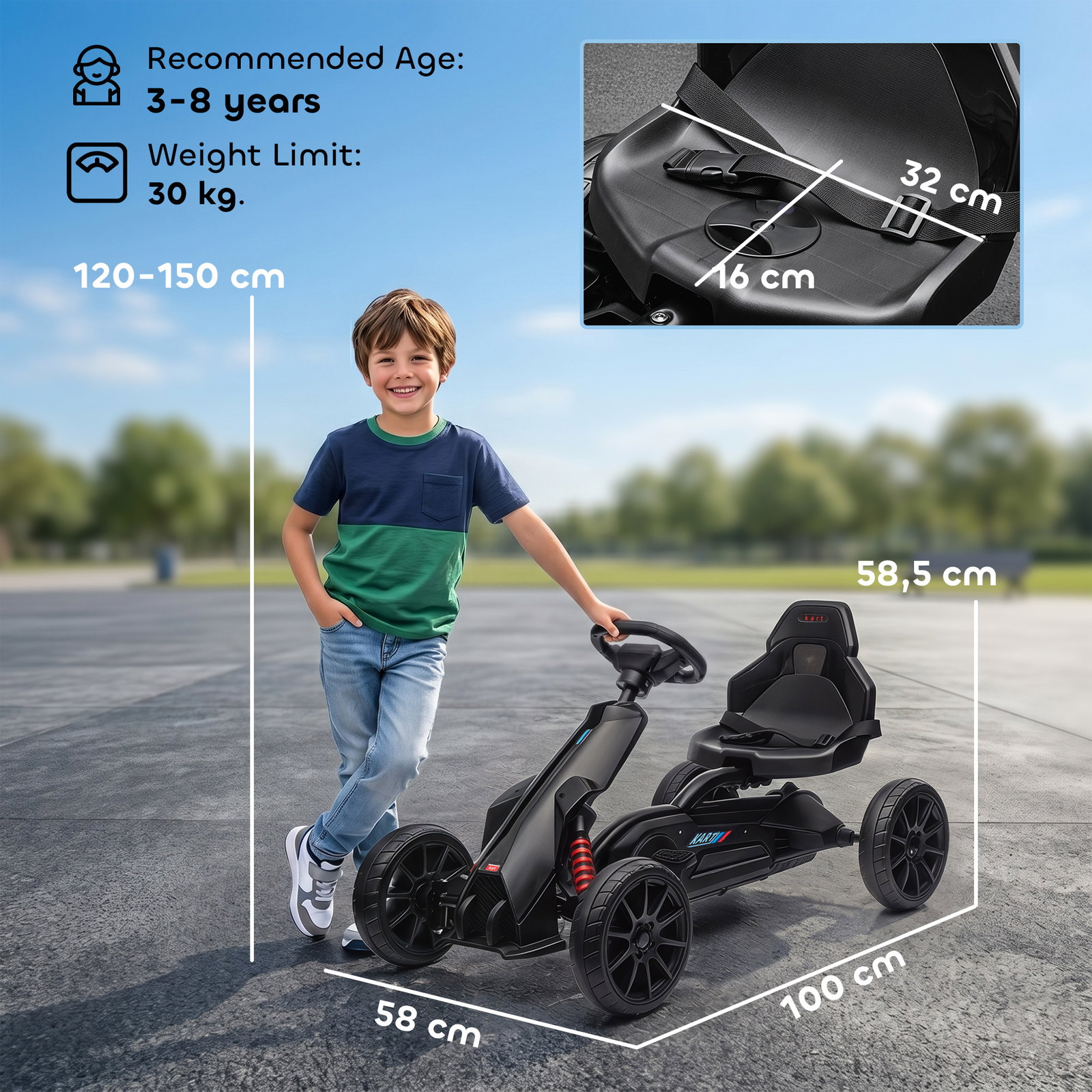 Kart a pedais para crianças com assento ajustável em 4 posições, travão de mão e rodas de eva 100x58x58,5 cm preto