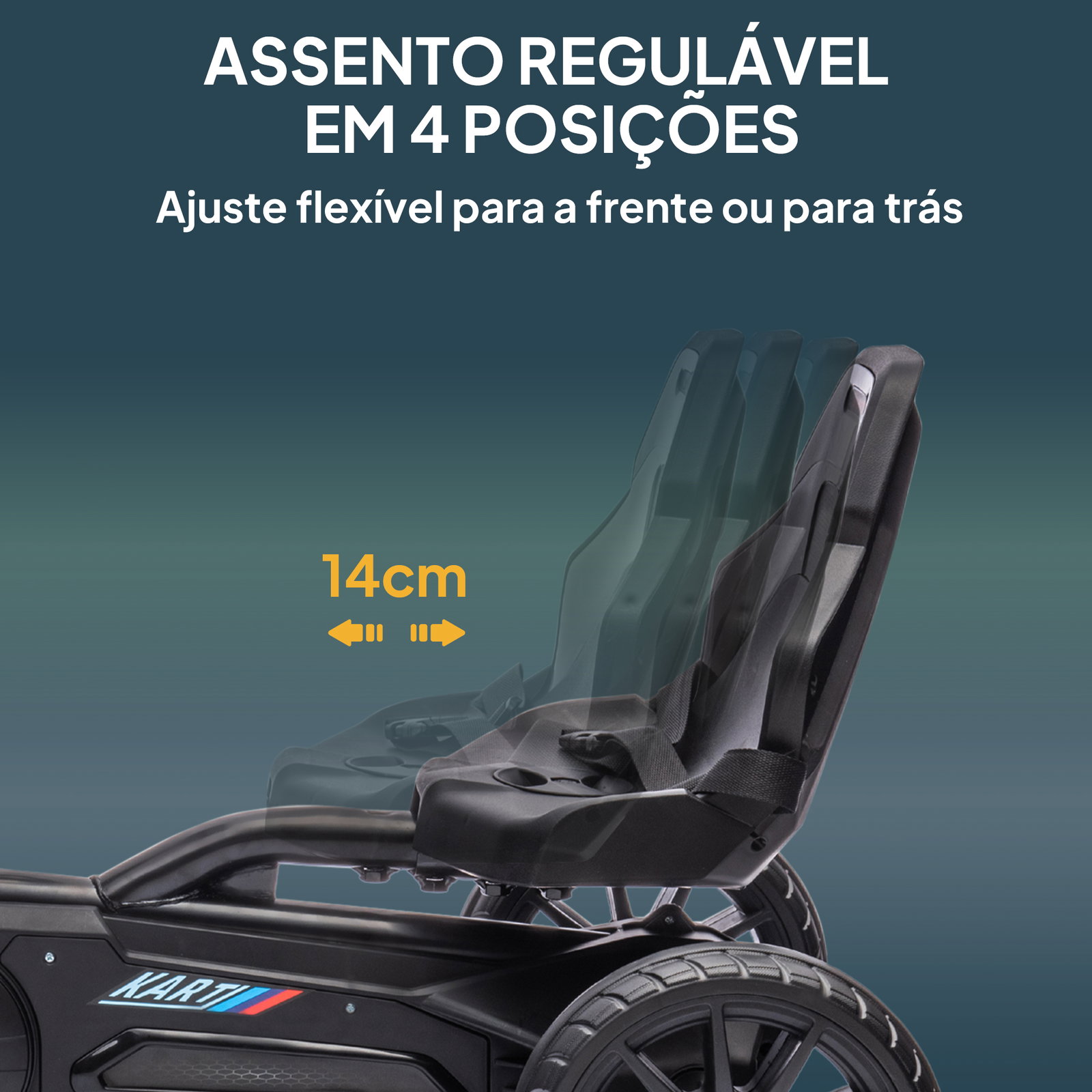 Kart a pedais para crianças com assento ajustável em 4 posições, travão de mão e rodas de eva 100x58x58,5 cm preto
