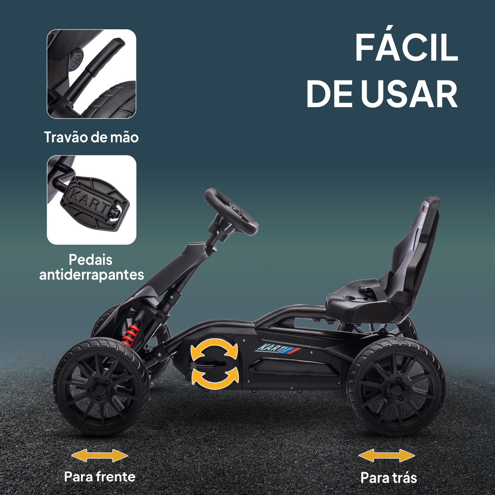 Kart a pedais para crianças com assento ajustável em 4 posições, travão de mão e rodas de eva 100x58x58,5 cm preto