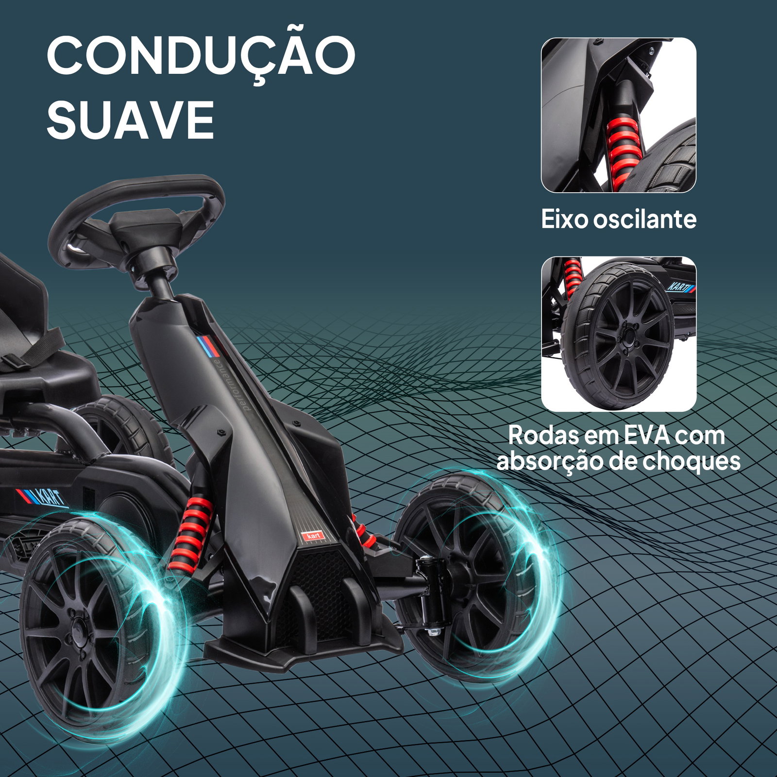 Kart a pedais para crianças com assento ajustável em 4 posições, travão de mão e rodas de eva 100x58x58,5 cm preto