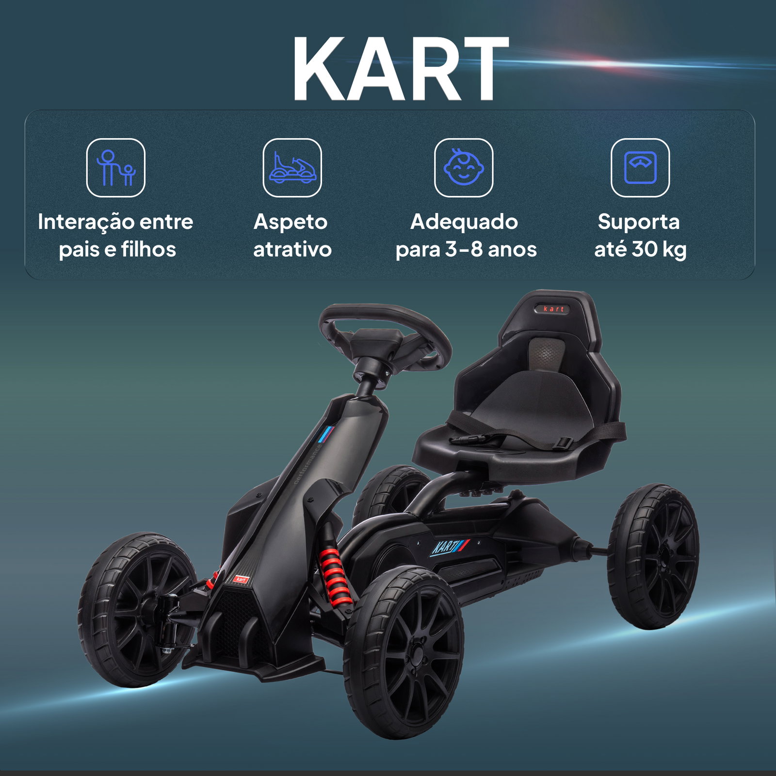Kart a pedais para crianças com assento ajustável em 4 posições, travão de mão e rodas de eva 100x58x58,5 cm preto
