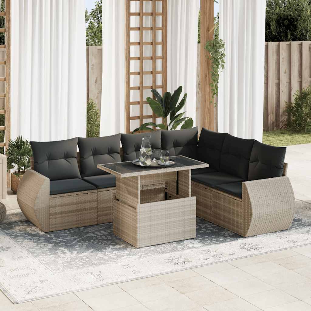 7 Pcs conj. sofás jardim com almofadões vime PE cinzento-claro
