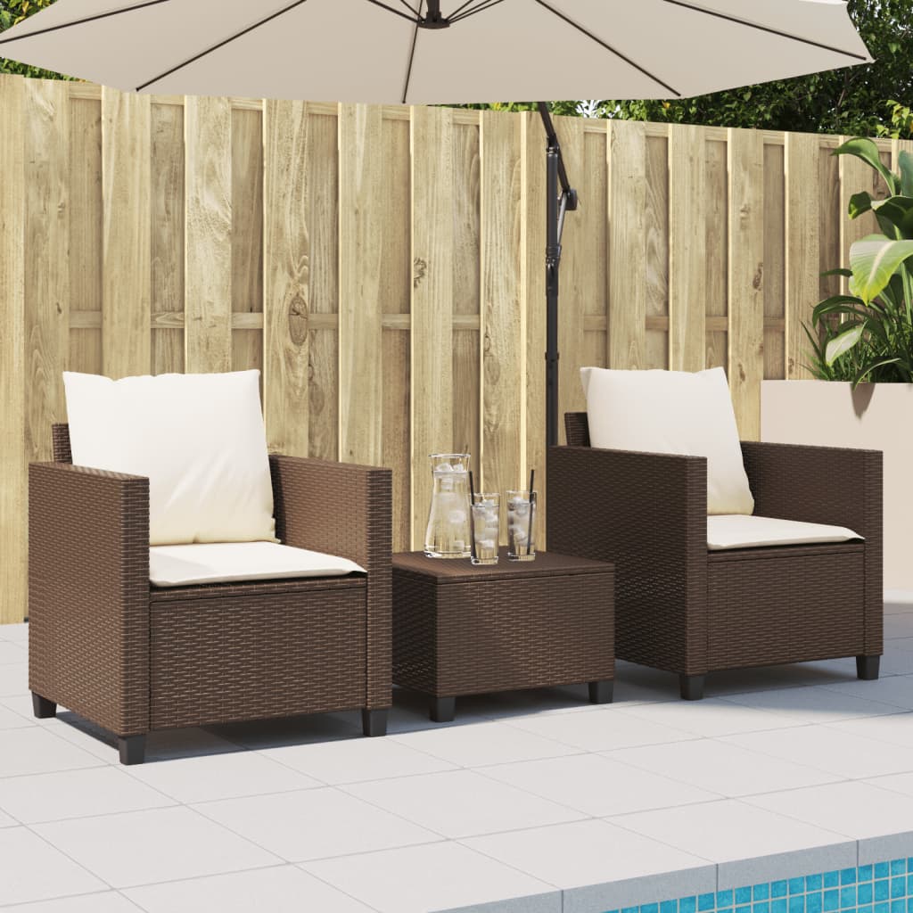 3 Pcs conjunto bistrô com almofadões vime PE castanho
