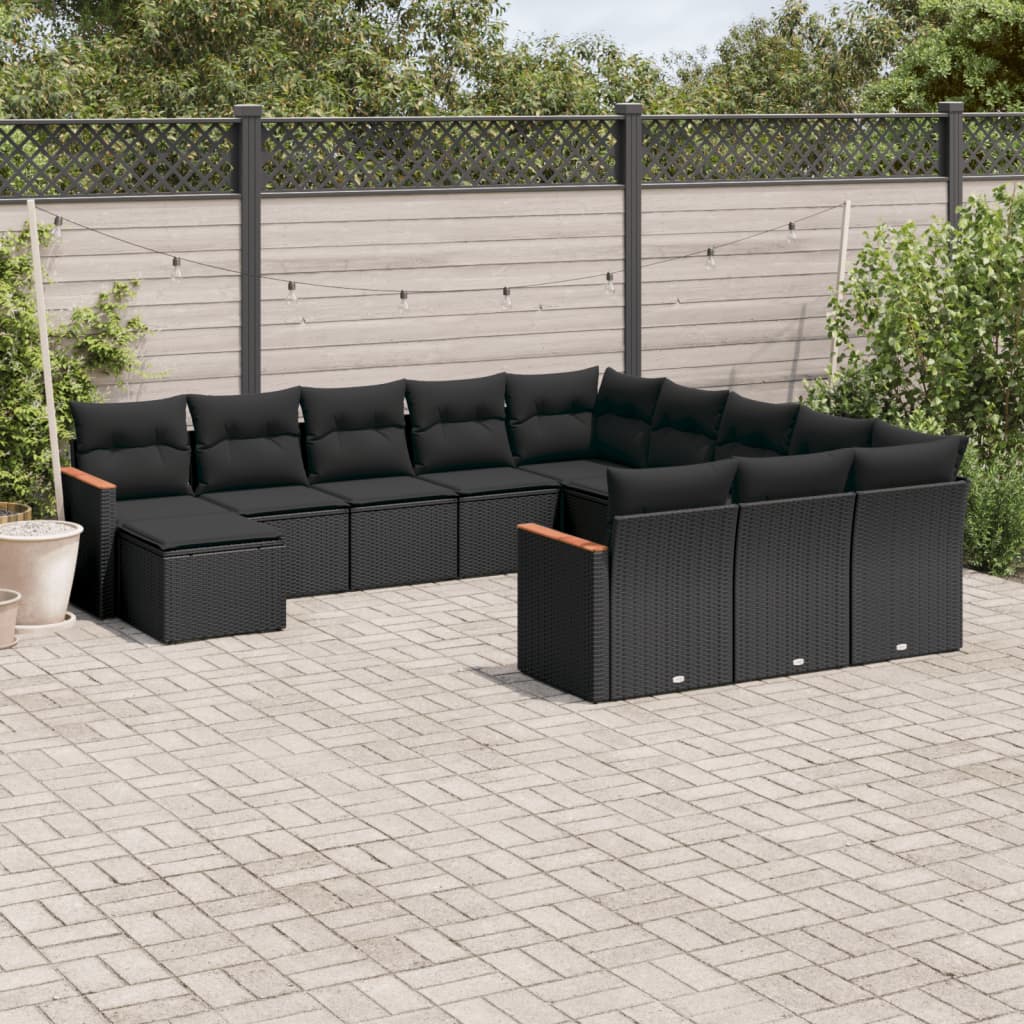 12 Pcs conjunto de sofás de jardim c/ almofadões vime PE preto