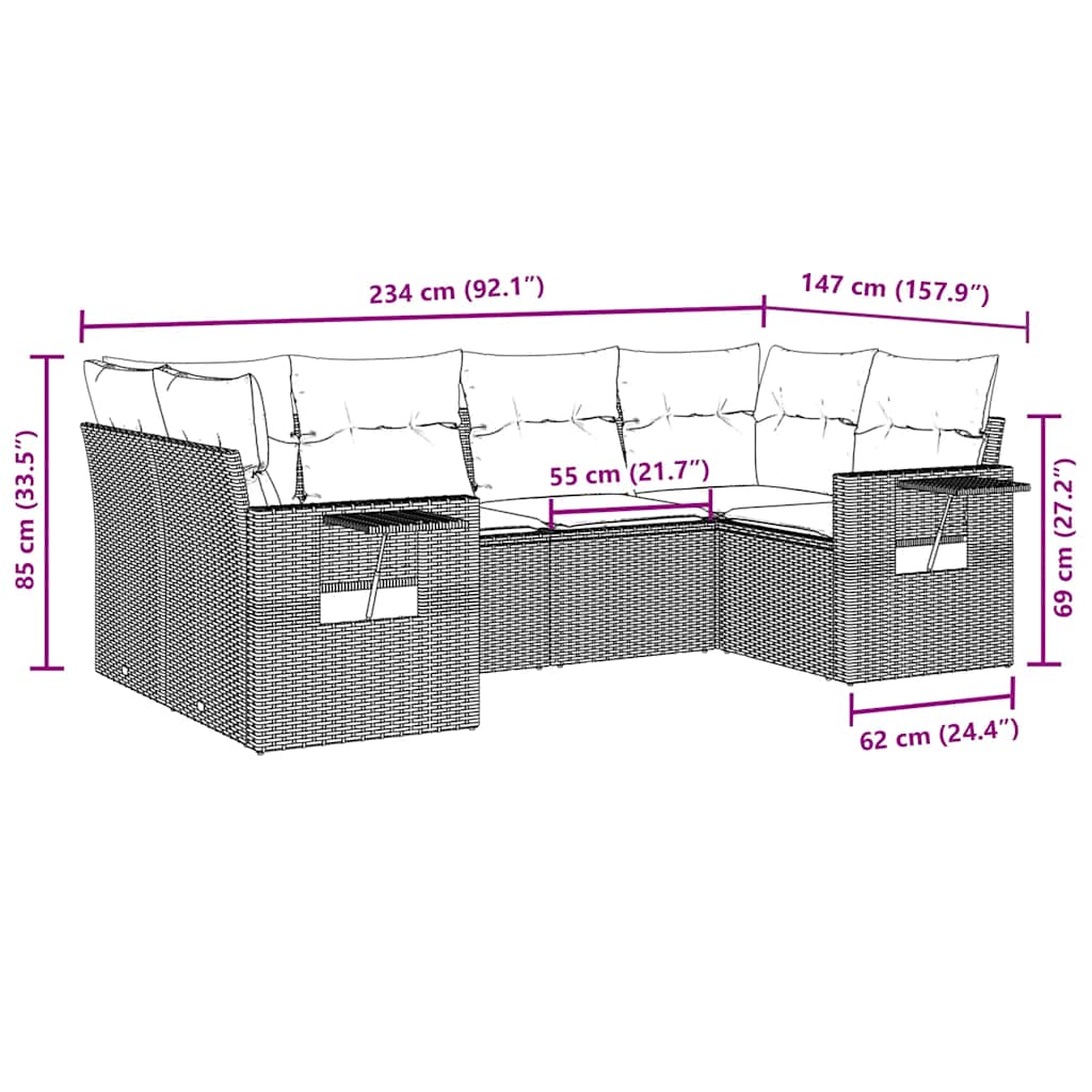 6 Pcs conjunto sofás de jardim c/ almofadões vime PE preto