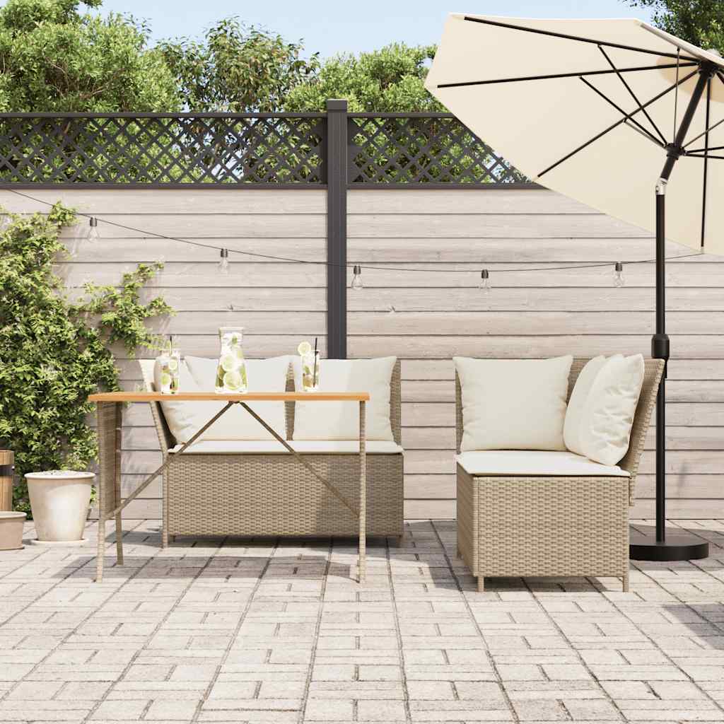 3 Pcs conjunto de sofás p/ jardim com almofadões vime PE bege