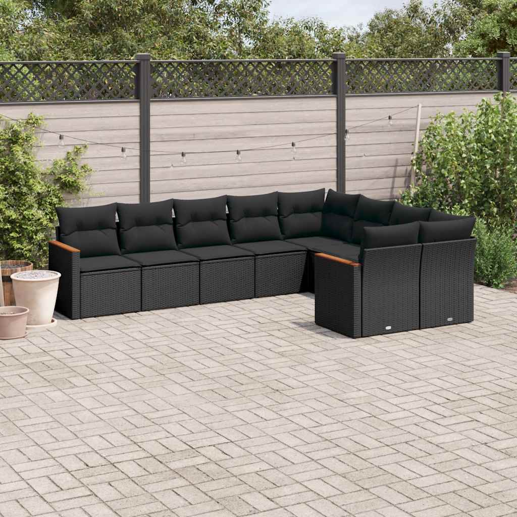 9 Pcs conjunto de sofás p/ jardim c/ almofadões vime PE preto