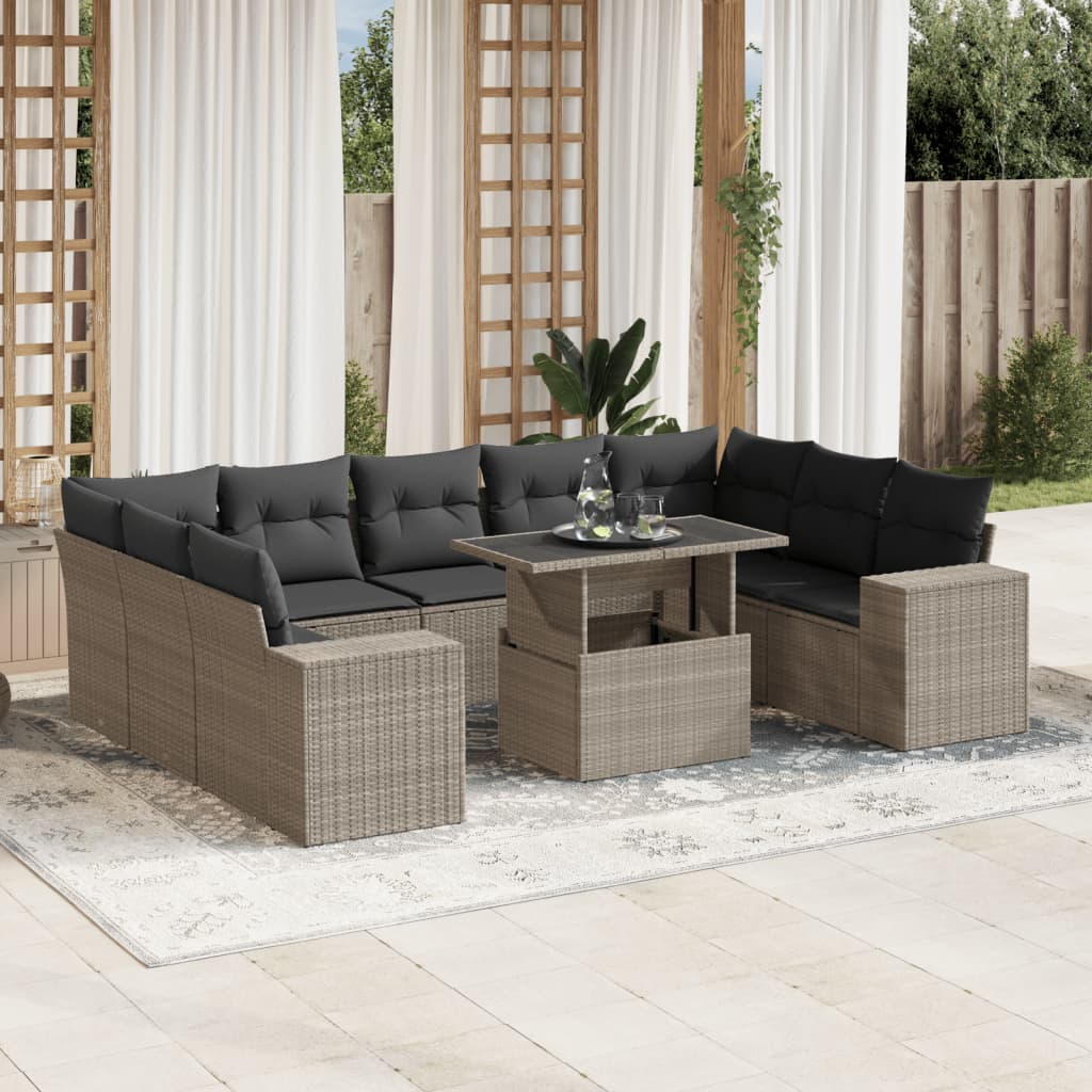 10 Pcs conj. sofás jardim com almofadões vime PE cinzento-claro