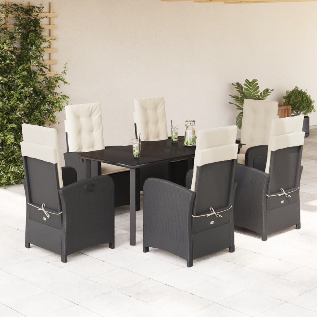 7 Pcs conjunto de jantar p/ jardim c/ almofadões vime PE preto