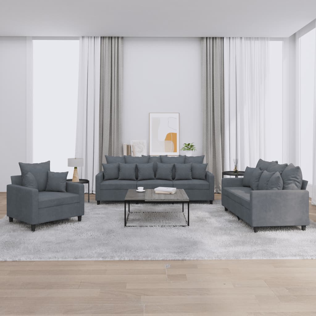 3 Pcs conjunto de sofás com almofadões veludo cinzento-escuro