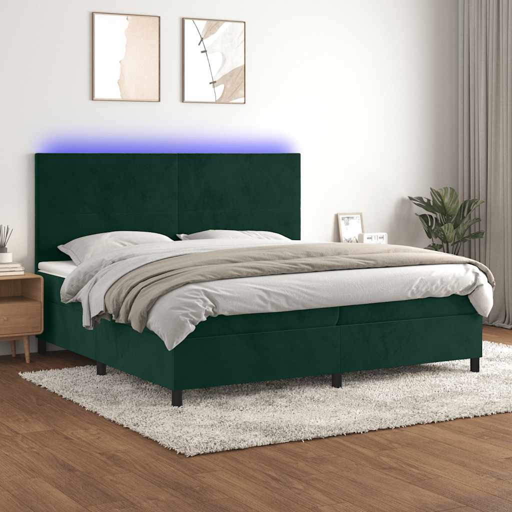 Cama box spring c/ colchão/LED 200x200 cm veludo verde-escuro