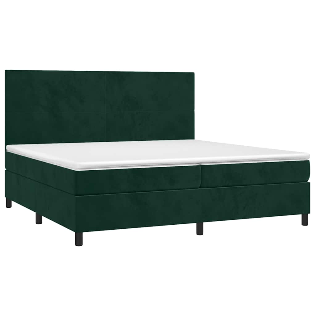 Cama box spring c/ colchão/LED 200x200 cm veludo verde-escuro