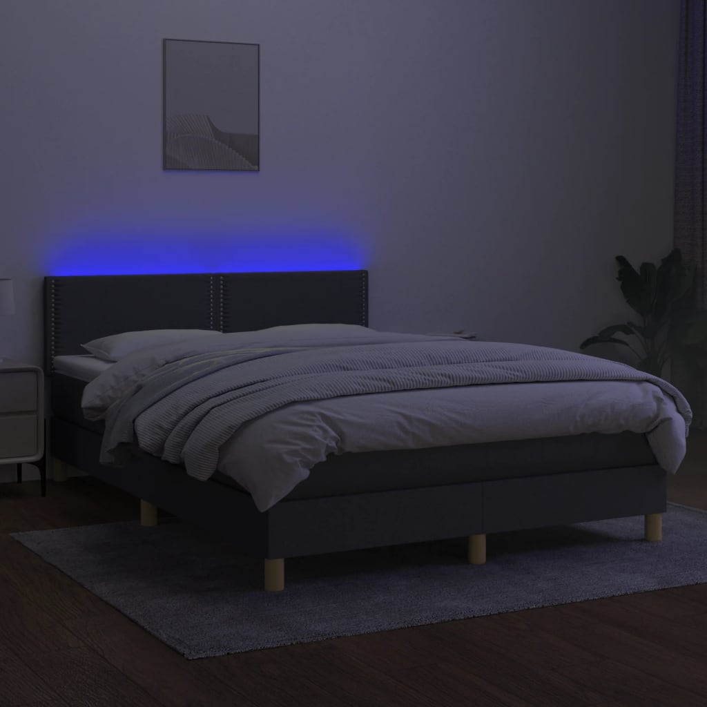 Cama box spring c/ colchão e LED 140x200 cm tecido cinza-escuro