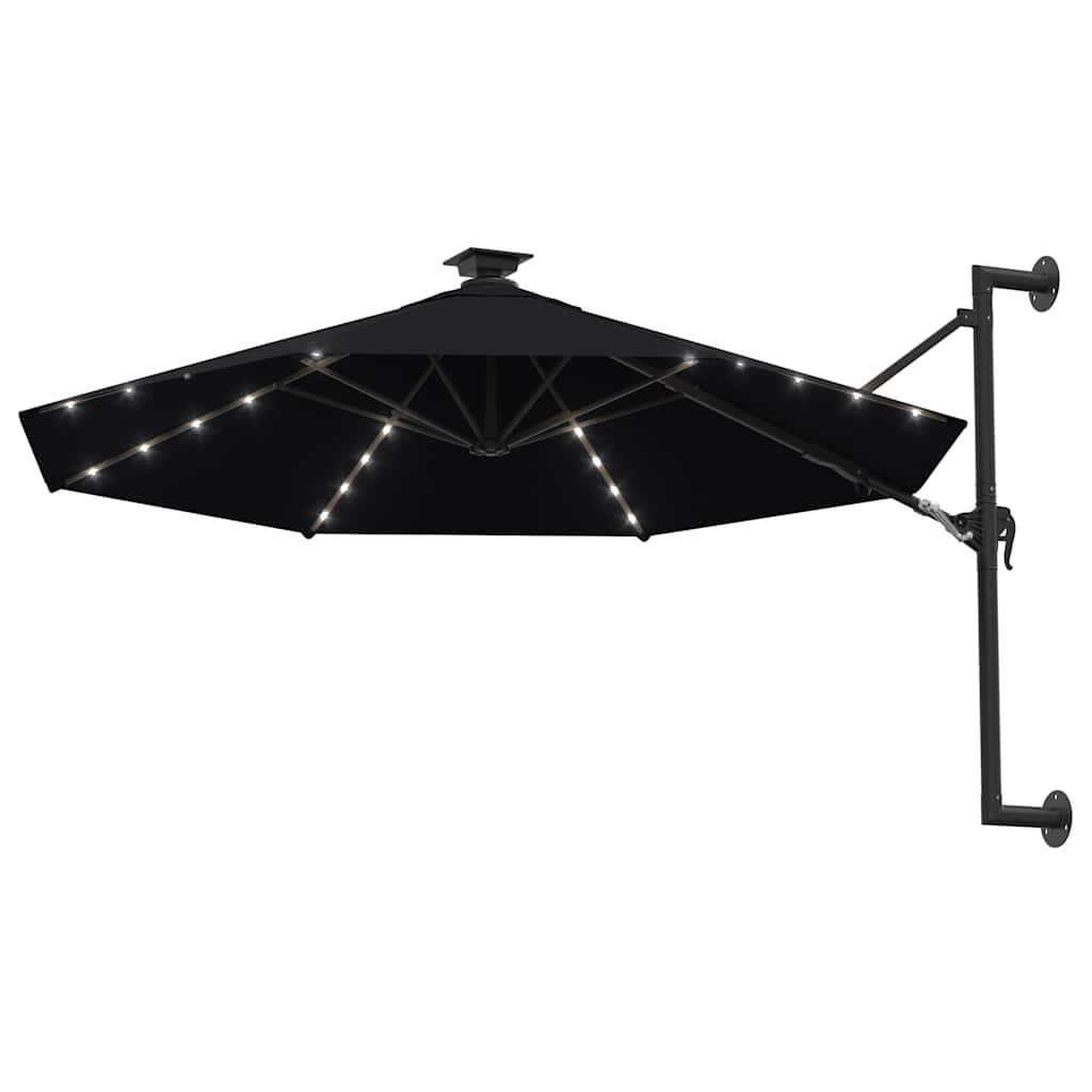 Guarda-sol para jardim de parede com luzes LED 300 cm preto