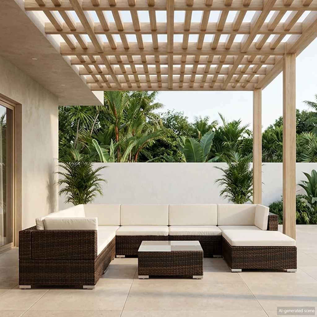 8 Pcs conjunto lounge jardim c/ almofadões vime PE castanho