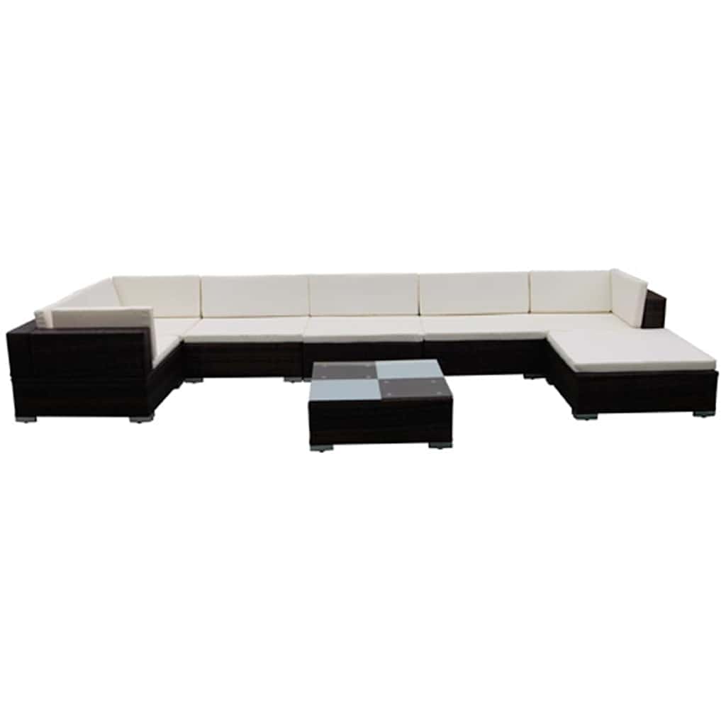 8 Pcs conjunto lounge jardim c/ almofadões vime PE castanho