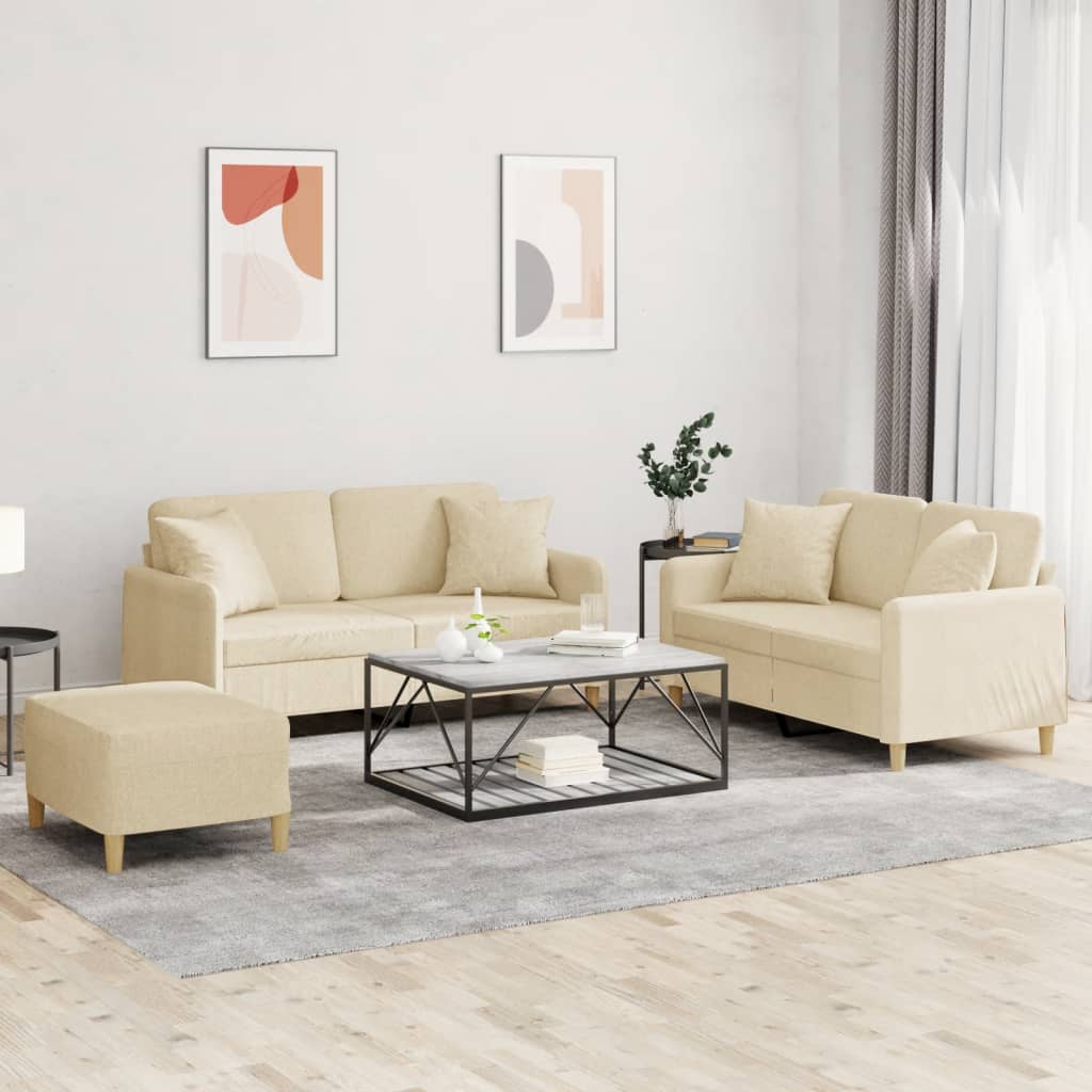 3 Pcs conjunto de sofás com almofadas tecido cor creme
