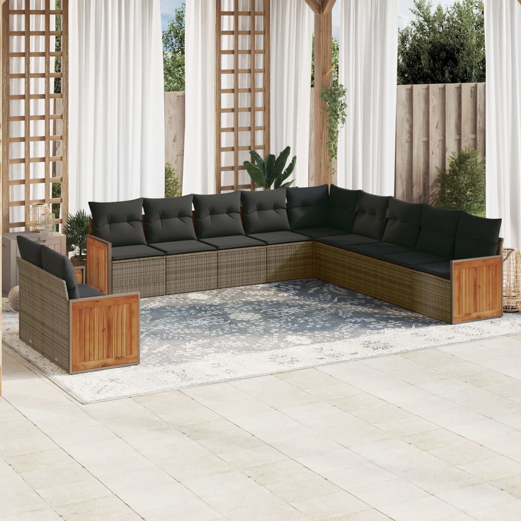 11 Pcs conjunto sofás de jardim c/ almofadões vime PE cinzento