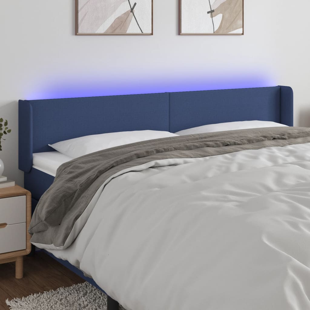 Cabeceira de cama c/ luzes LED tecido 183x16x78/88 cm azul