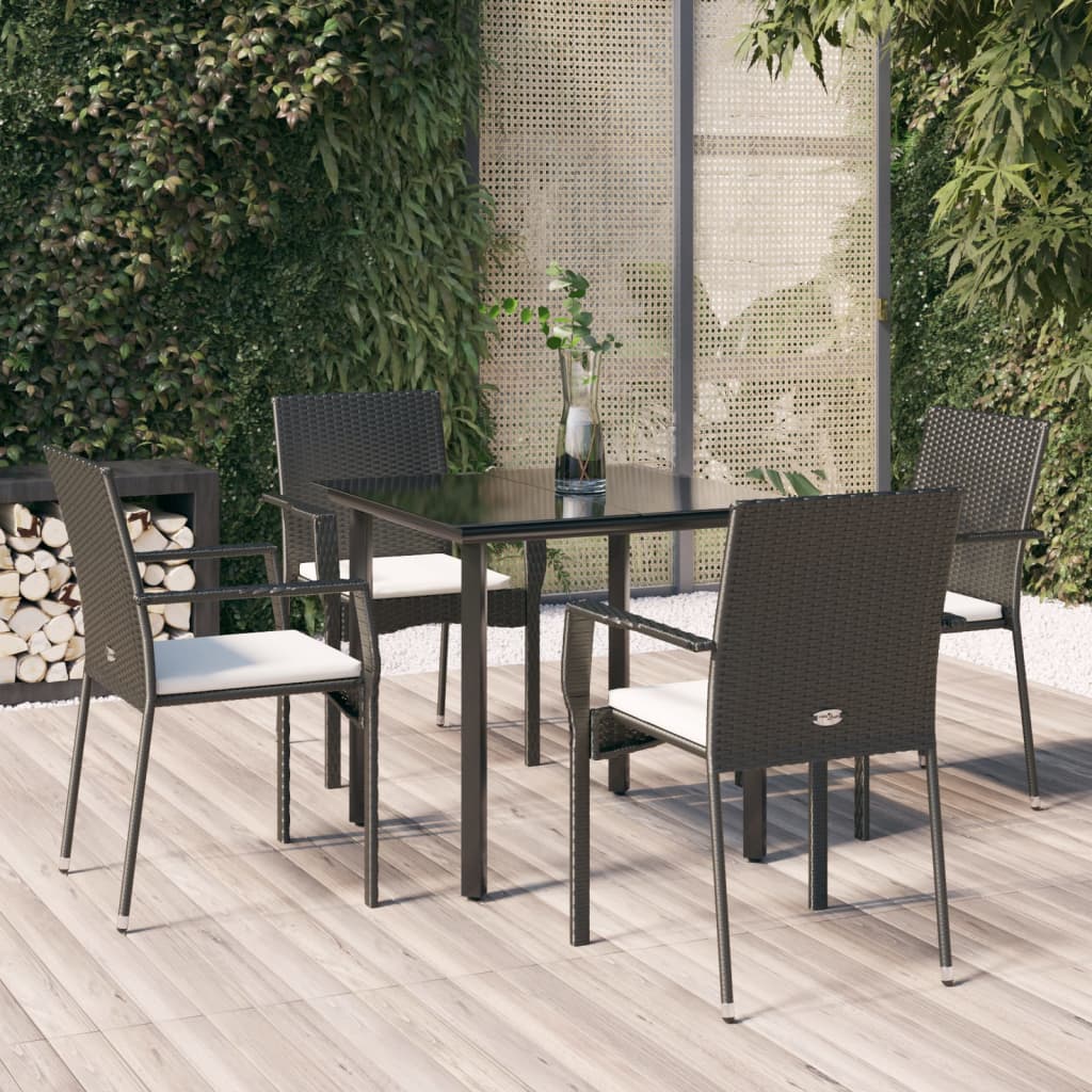 5 Pcs conjunto de jantar p/ jardim c/ almofadões vime PE preto