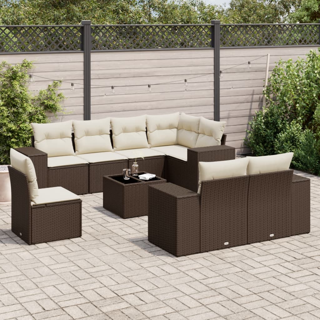 9 Pcs conjunto sofás p/ jardim c/ almofadões vime PE castanho