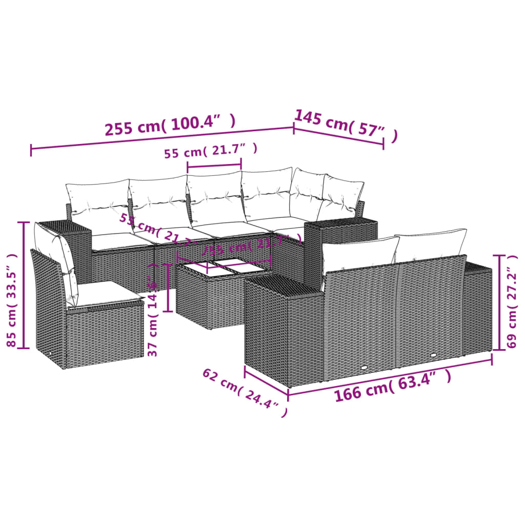 9 Pcs conjunto sofás p/ jardim c/ almofadões vime PE castanho