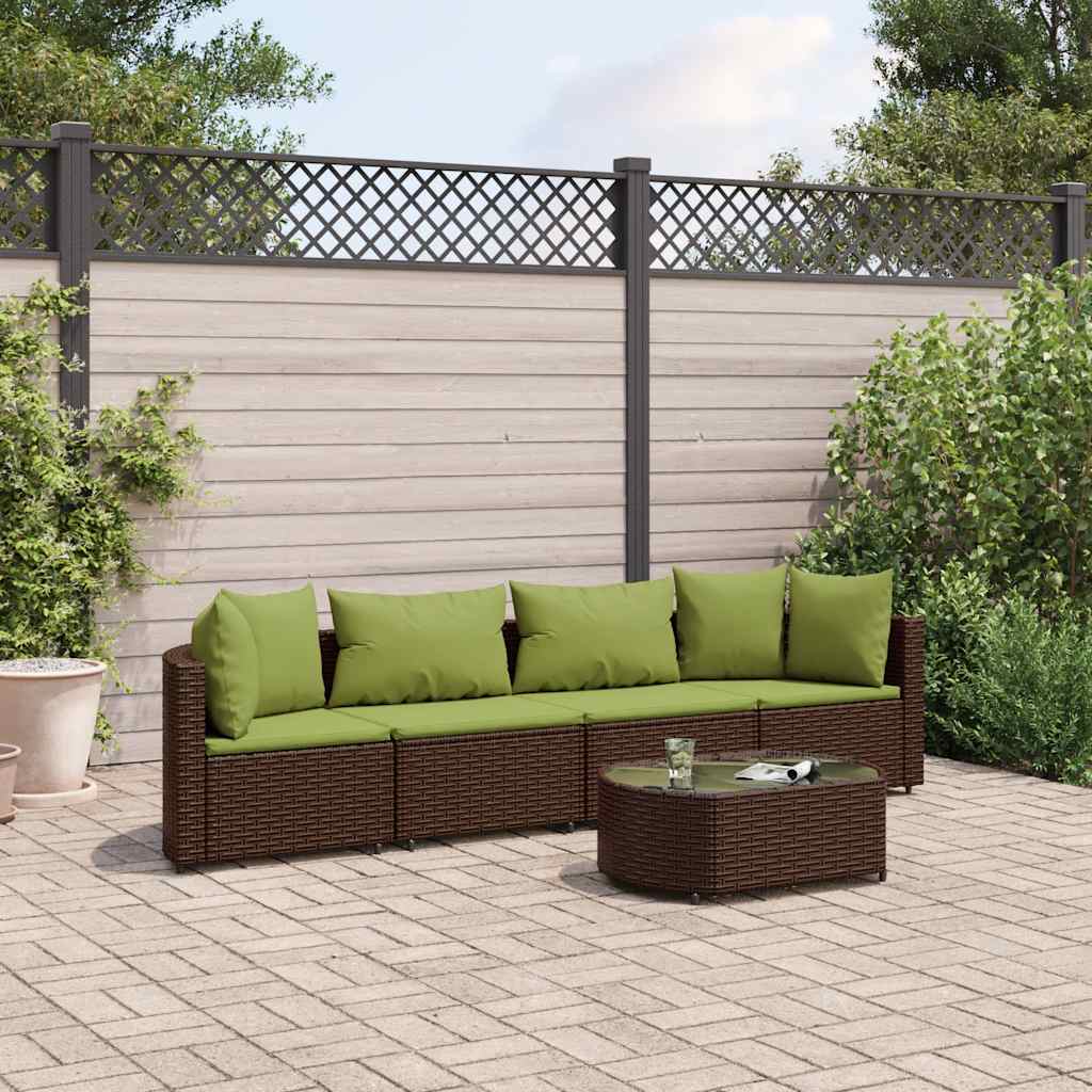 5 Pcs conjunto sofás p/ jardim c/ almofadões vime PE castanho