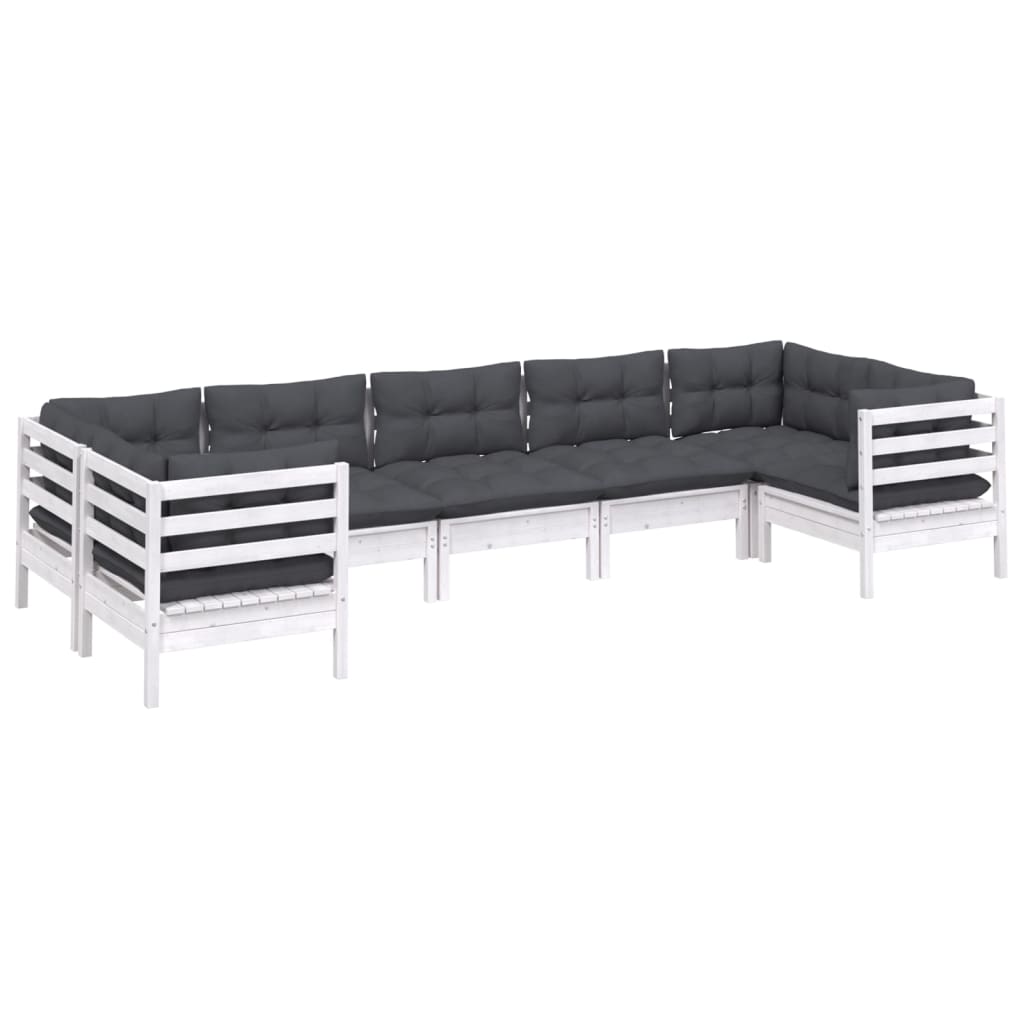 7 Pcs conjunto lounge de jardim c/ almofadões pinho branco