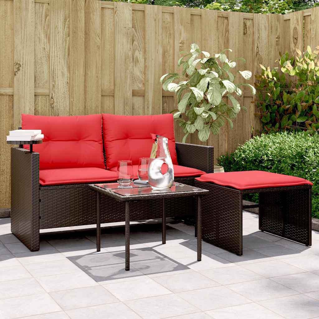 Conjunto de sofá de jardim de 3 peças com almofadas em rattan sintético marrom