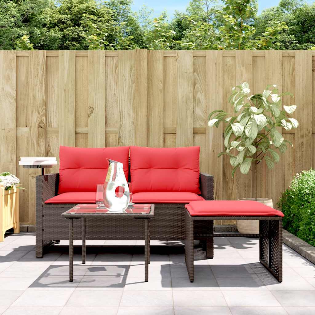 Conjunto de sofá de jardim de 3 peças com almofadas em rattan sintético marrom