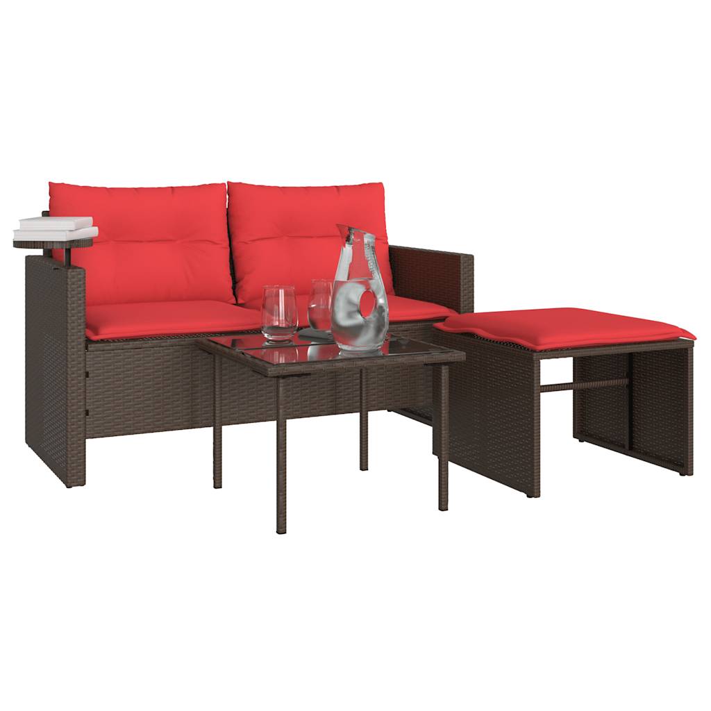 Conjunto de sofá de jardim de 3 peças com almofadas em rattan sintético marrom