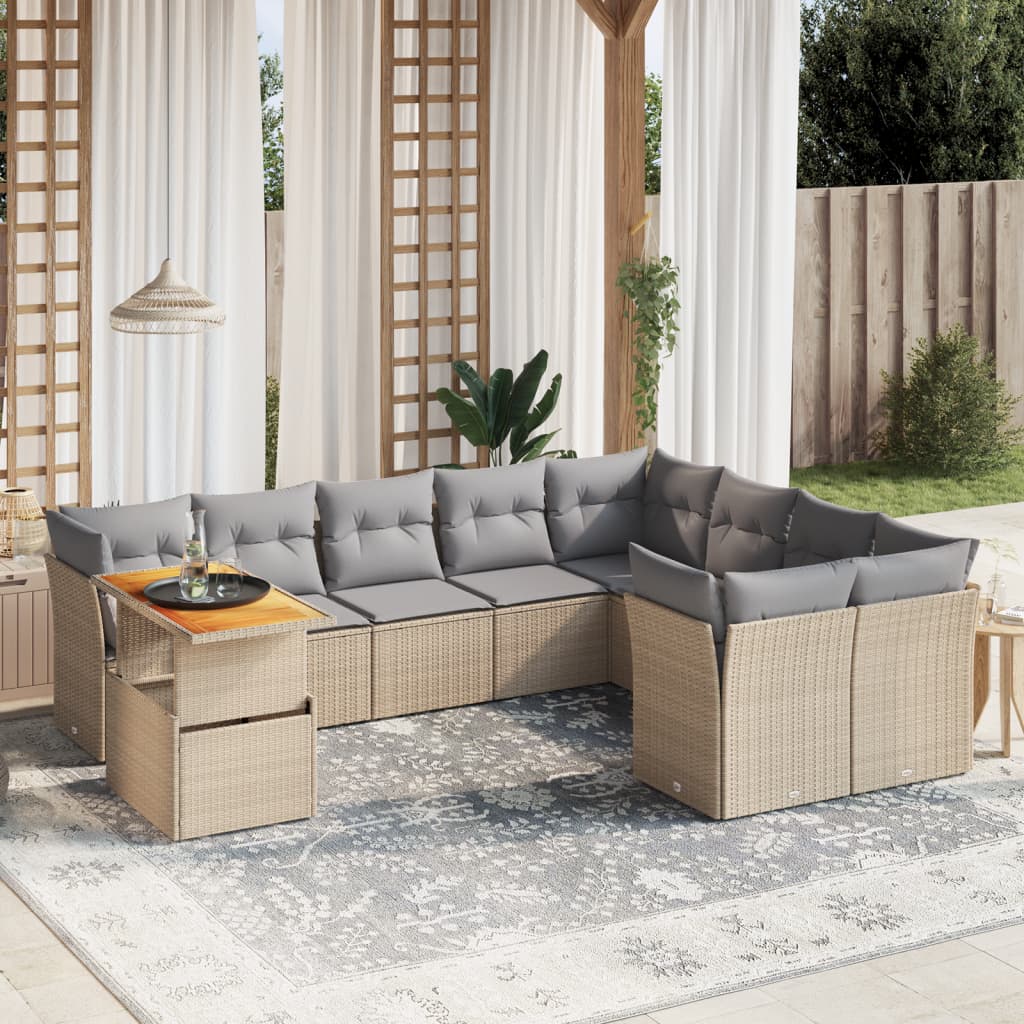 10 Pcs conjunto de sofás p/ jardim com almofadões vime PE bege