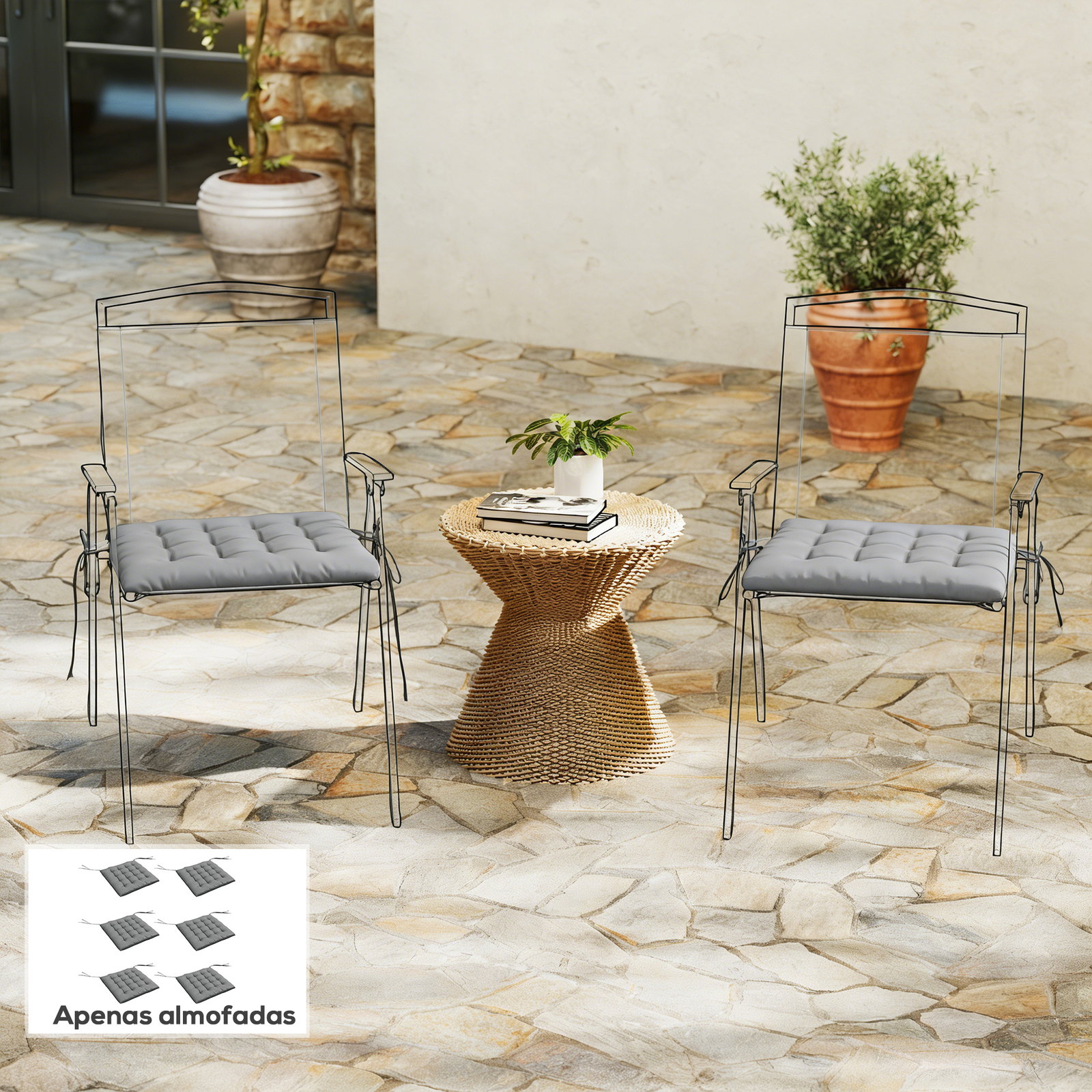 Conjunto de 6 almofadas para cadeiras de jantar 40x40 cm 6 unidades almofadas para cadeiras de jardim acolchoadas com fitas cinzento