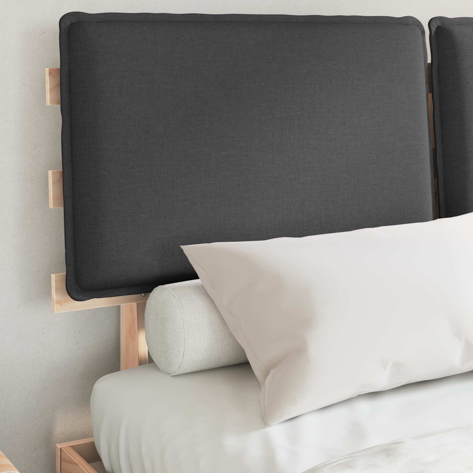 Estrutura de cama com cabeceira estofada cinza escuro