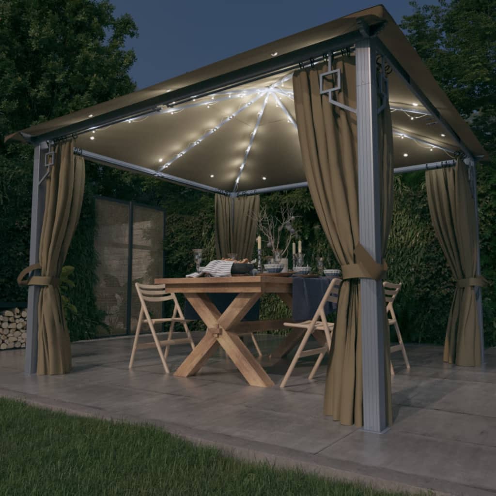 Gazebo c/ cortinas e cordões luzes LED 3x3 m alumínio cinza-AC.