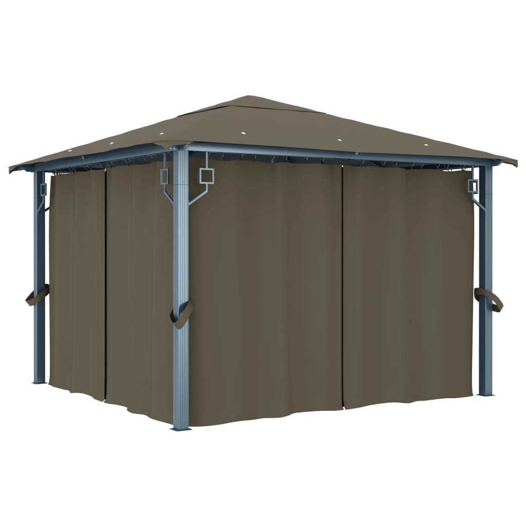 Gazebo c/ cortinas e cordões luzes LED 3x3 m alumínio cinza-AC.