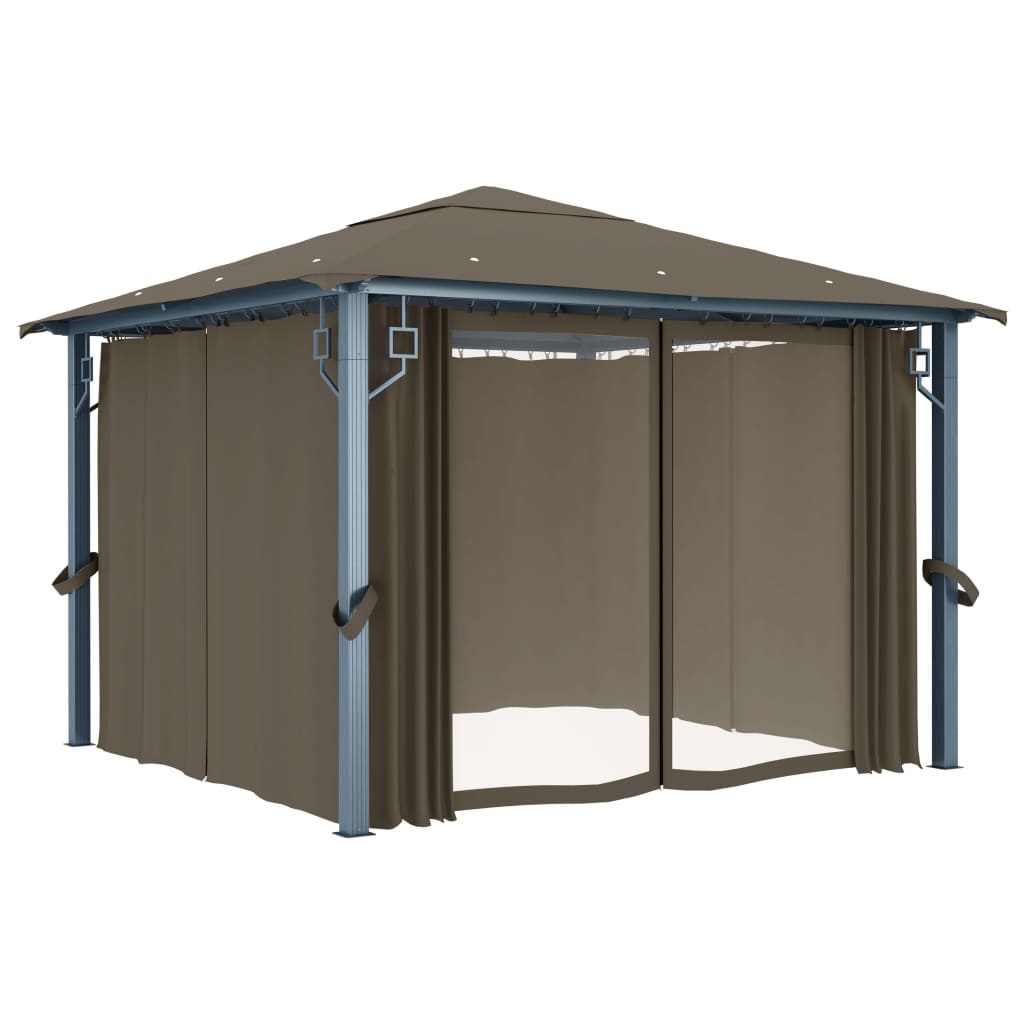Gazebo c/ cortinas e cordões luzes LED 3x3 m alumínio cinza-AC.