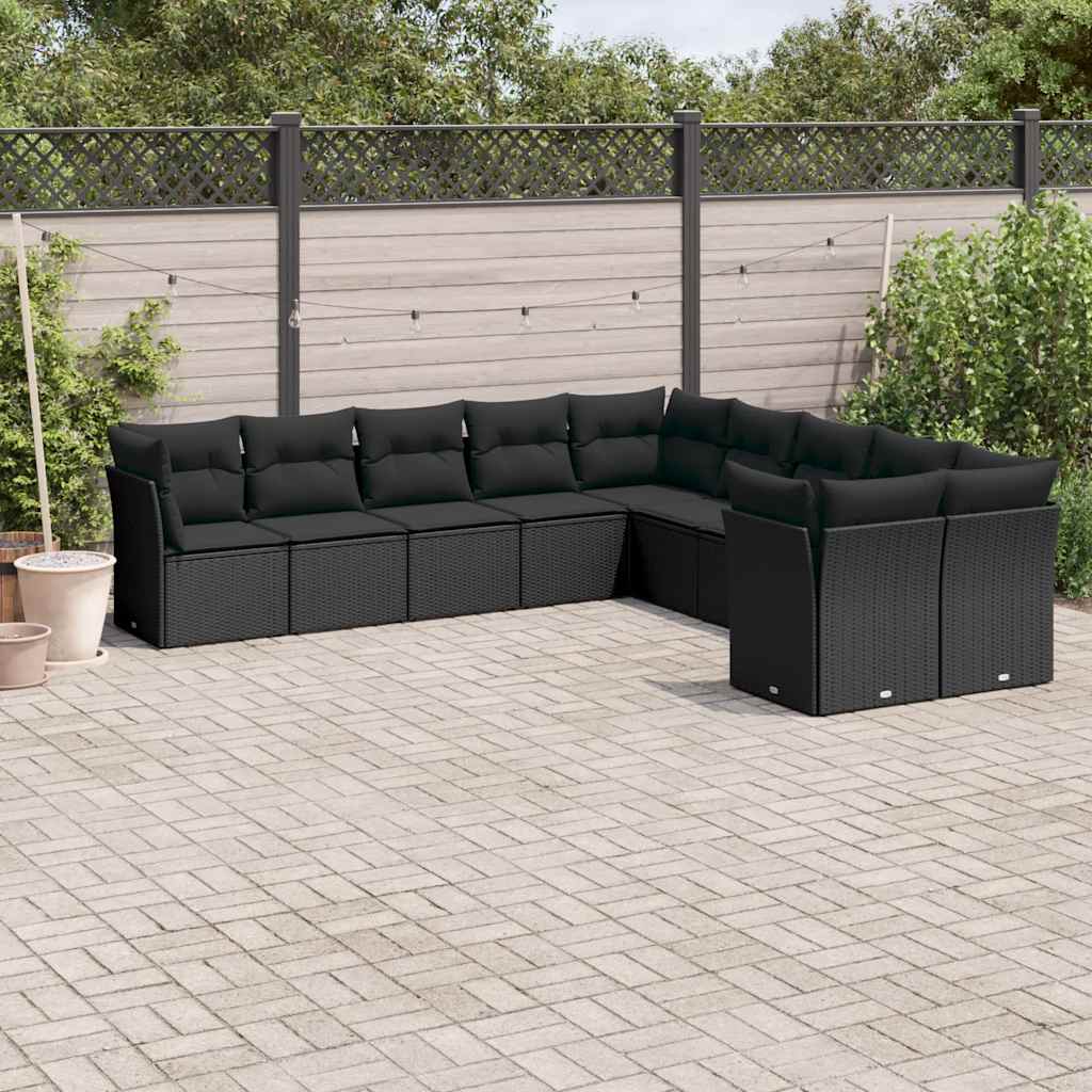 10 Pcs conjunto sofás de jardim c/ almofadões vime PE preto