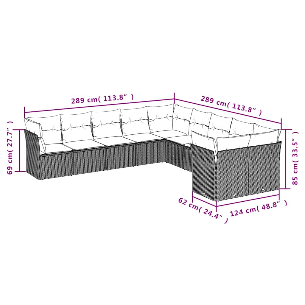 10 Pcs conjunto sofás de jardim c/ almofadões vime PE preto