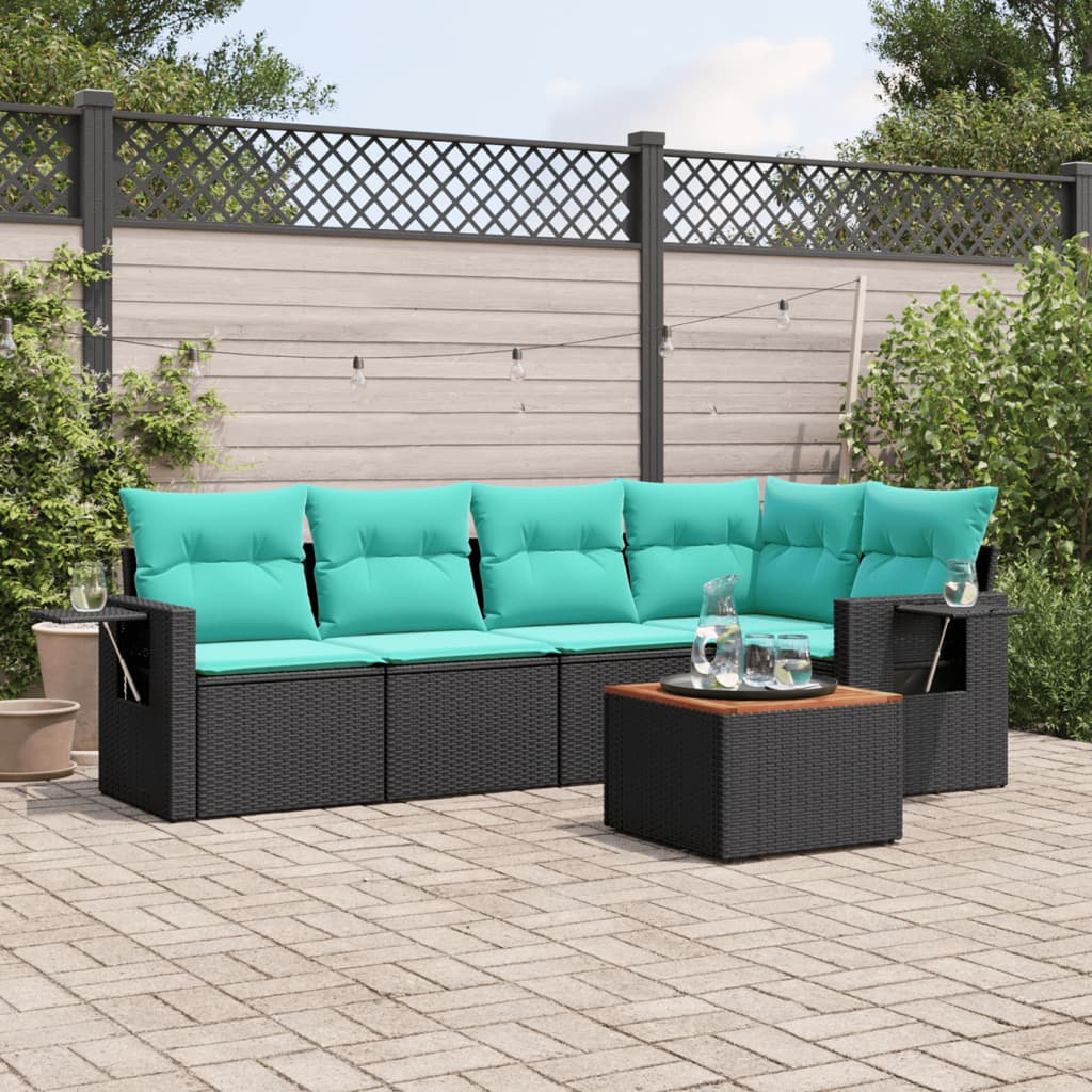 Conjunto de sofá de jardim com 6 peças e almofadas em rattan sintético preto